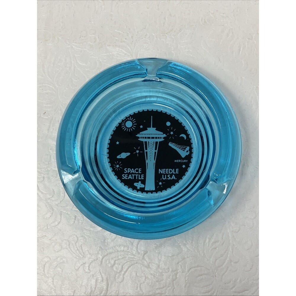 Space Needle Seattle WA Ashtray Blue Art Deco Round Glass Vintage Retro Landmark